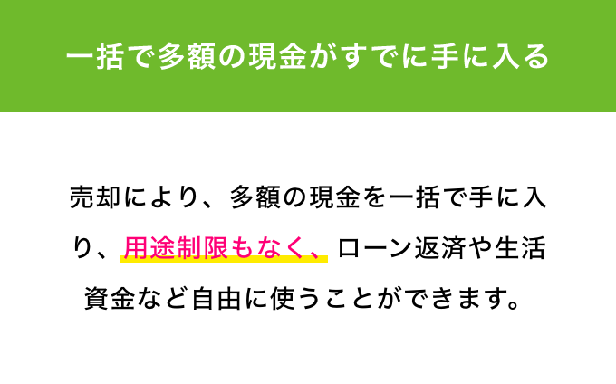 一括で多額の現金がすぐに手に入る 売却により、多額の現金を一括で手に入り、用途制限もなく、ローン返済や生活資金など自由に使うことができます。