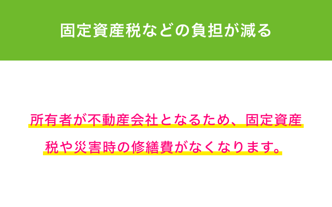 固定資産税などの負担が減る 所有者が不動産会社となるため、固定資産税や災害時の修繕費がなくなります。